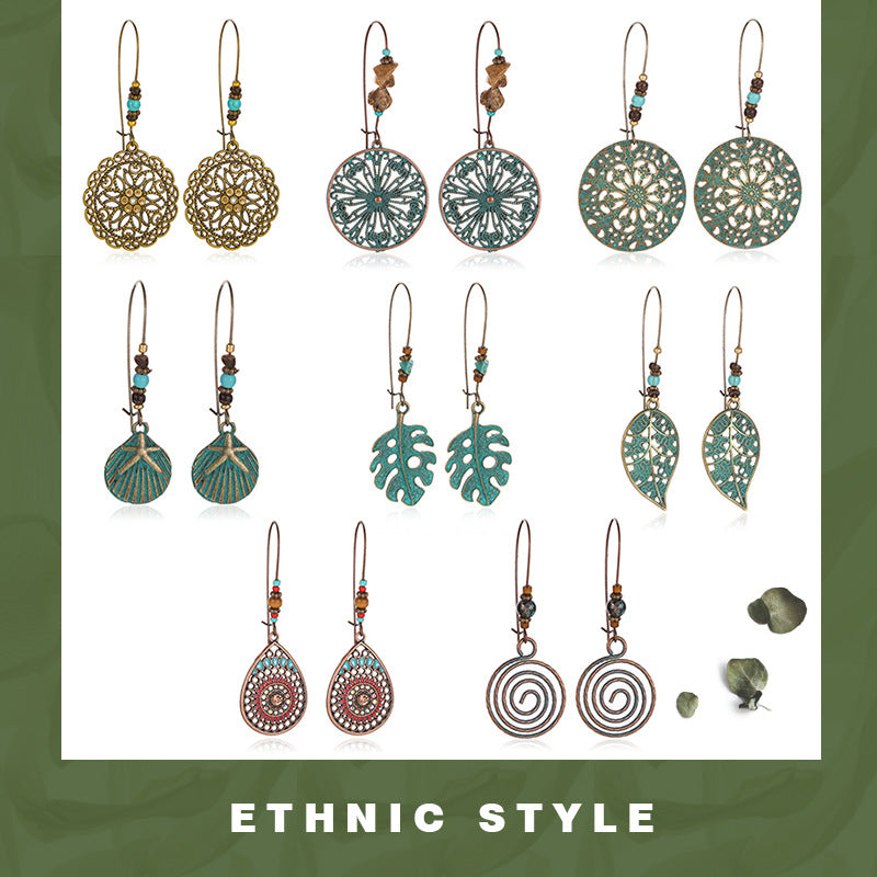 Wholesale Vintage Green Alloy Bohemian Floral Hollow Carved Earrings Fashion Accessory Gift