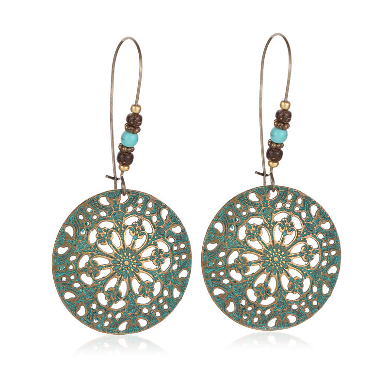 Wholesale Vintage Green Alloy Bohemian Floral Hollow Carved Earrings Fashion Accessory Gift