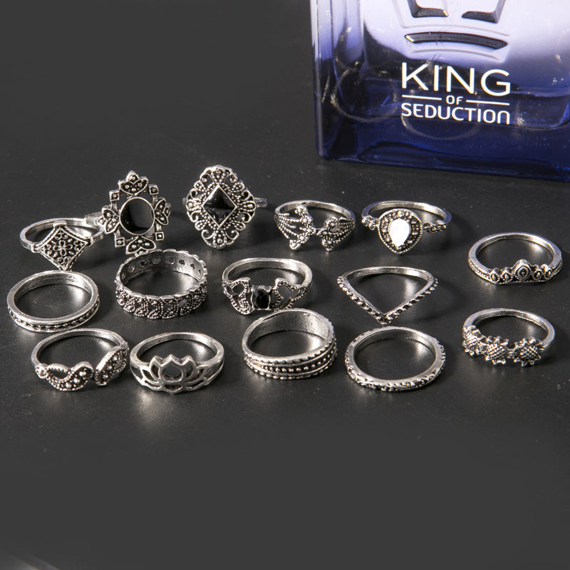Wholesale Vintage Retro Articulated Ring Set,  15 Pieces Alloy Hollow Sunflower Design with Black Stone,  Women' s Jewelry Gift for Daily Wear