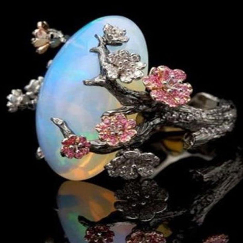 Wholesale Retro Floral Opal Ring for Women,  Black and Gold Split Color Design,  Everyday Wear Party Jewelry Gift