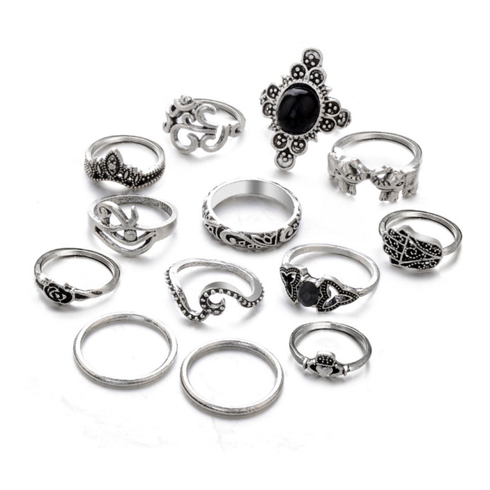 Wholesale Retro Ancient Silver Palm Carved Elephant Black Gemstone Joint Ring 13-Piece Set