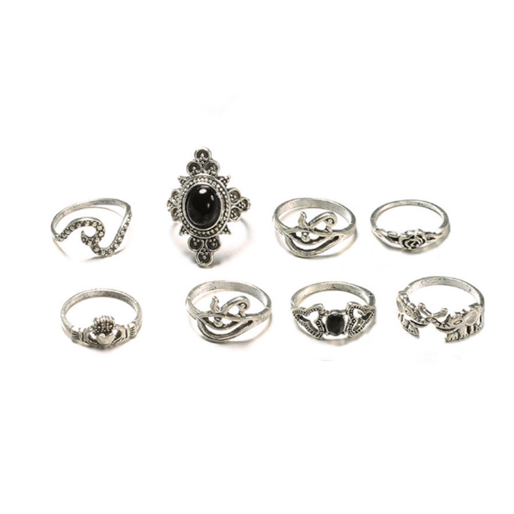 Wholesale Retro Ancient Silver Palm Carved Elephant Black Gemstone Joint Ring 13-Piece Set