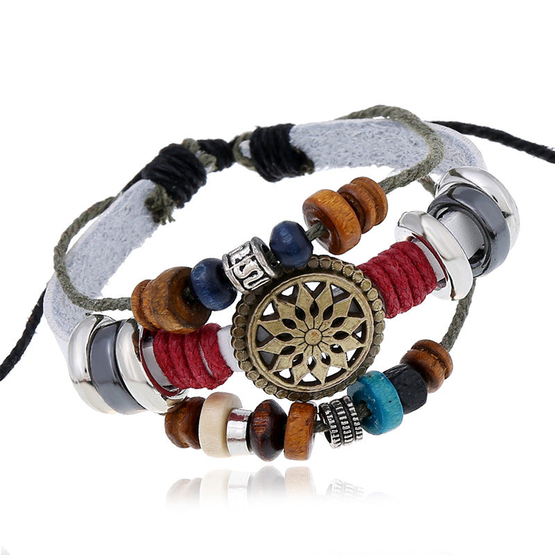 Wholesale Stylish Handmade Leather Bracelet Unisex Black Silver Beads Fashion Accessory Gift