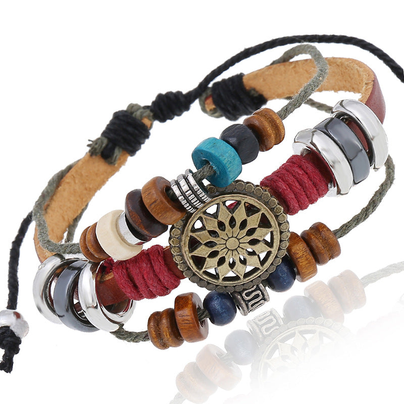 Wholesale Stylish Handmade Leather Bracelet Unisex Black Silver Beads Fashion Accessory Gift