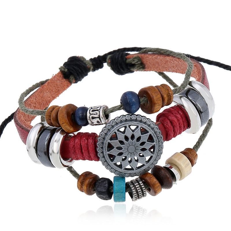 Wholesale Stylish Handmade Leather Bracelet Unisex Black Silver Beads Fashion Accessory Gift