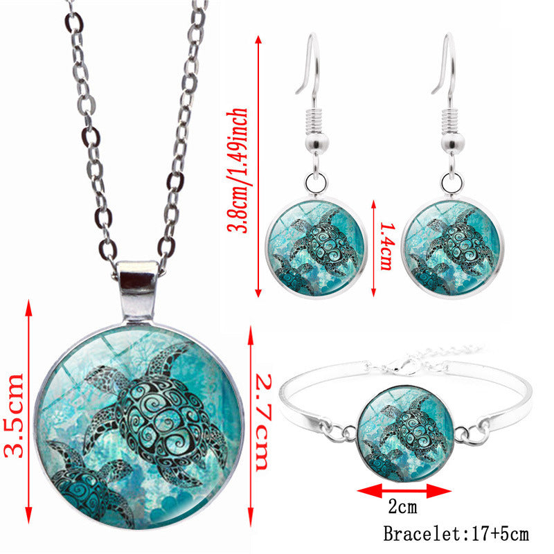 Wholesale Blue Green Turtle Time Gemstone Alloy Necklace Earrings Bracelet Jewelry Set ACC-NE-JiaYun001