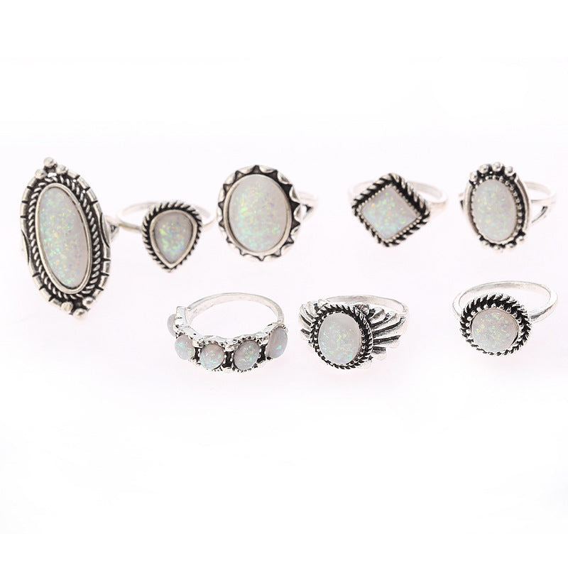 Wholesale Retro European Style Alloy Opal Ring Set 8-Piece Jewelry Gift