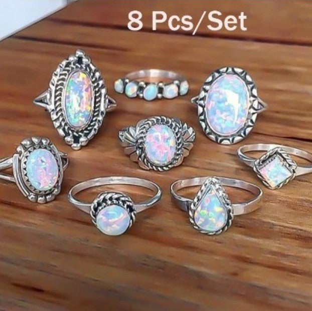 Wholesale Retro European Style Alloy Opal Ring Set 8-Piece Jewelry Gift
