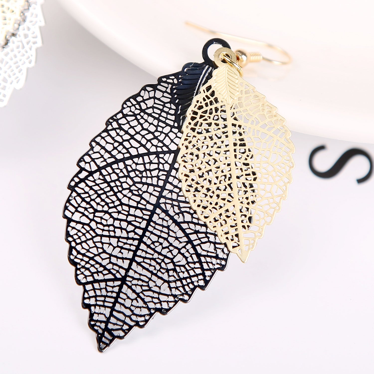 Wholesale Vintage Leaf Earrings Gold Double Layer Hollow Leaf Earrings ACC-ES-ManYi010