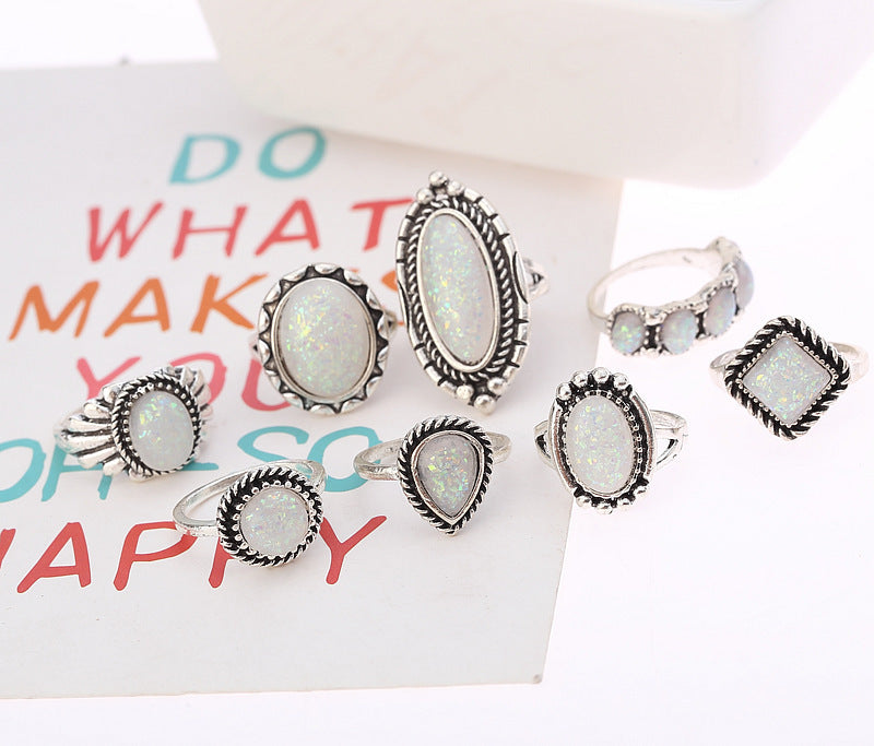 Wholesale Retro European Style Alloy Opal Ring Set 8-Piece Jewelry Gift
