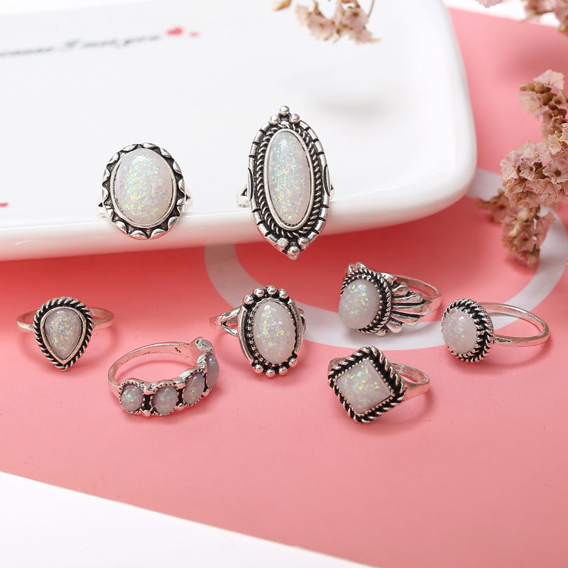 Wholesale Retro European Style Alloy Opal Ring Set 8-Piece Jewelry Gift