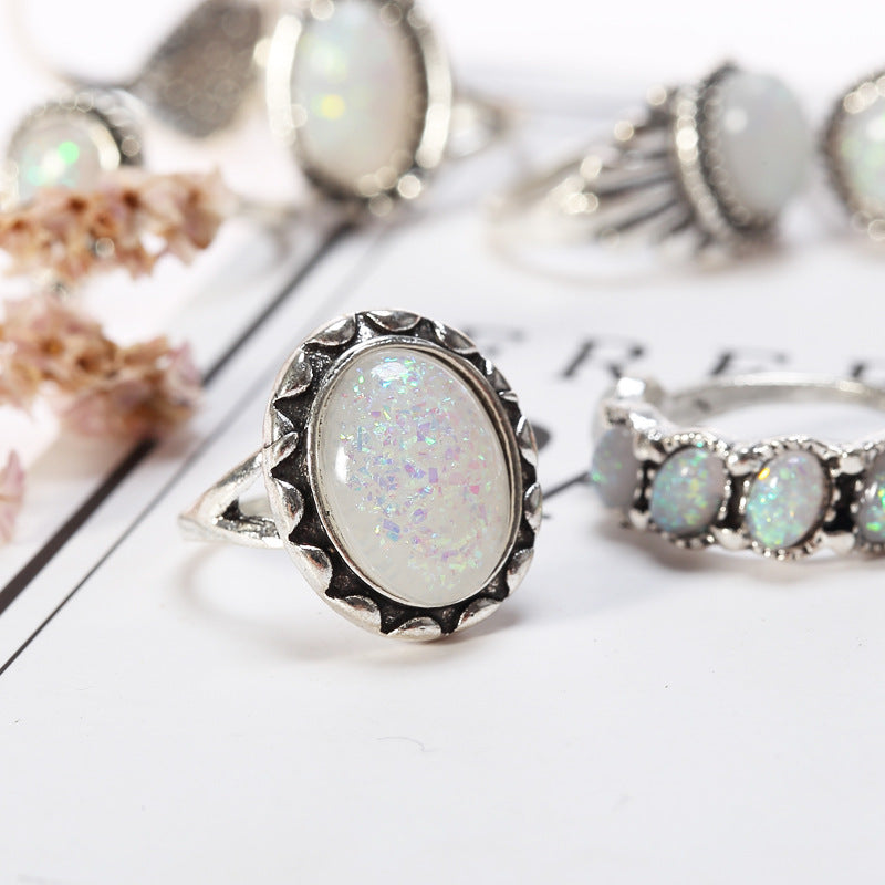 Wholesale Retro European Style Alloy Opal Ring Set 8-Piece Jewelry Gift