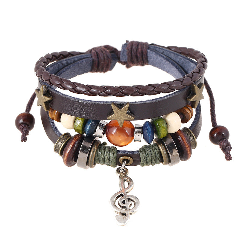 Wholesale Layered Leather Beaded Bracelet with Music Note Pendant – Unisex Electroplated Jewelry Accessory