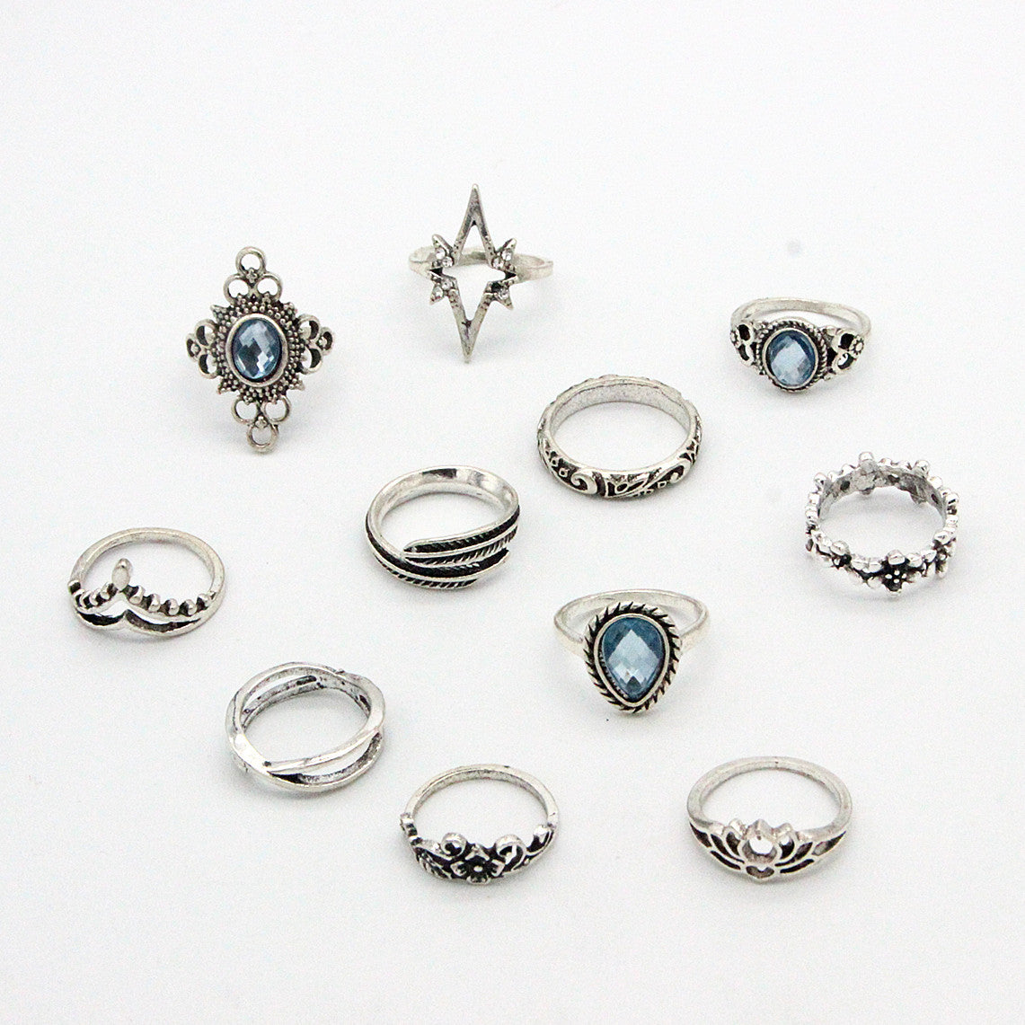 Wholesale retro carved feather diamond star gem leaf butterfly ring