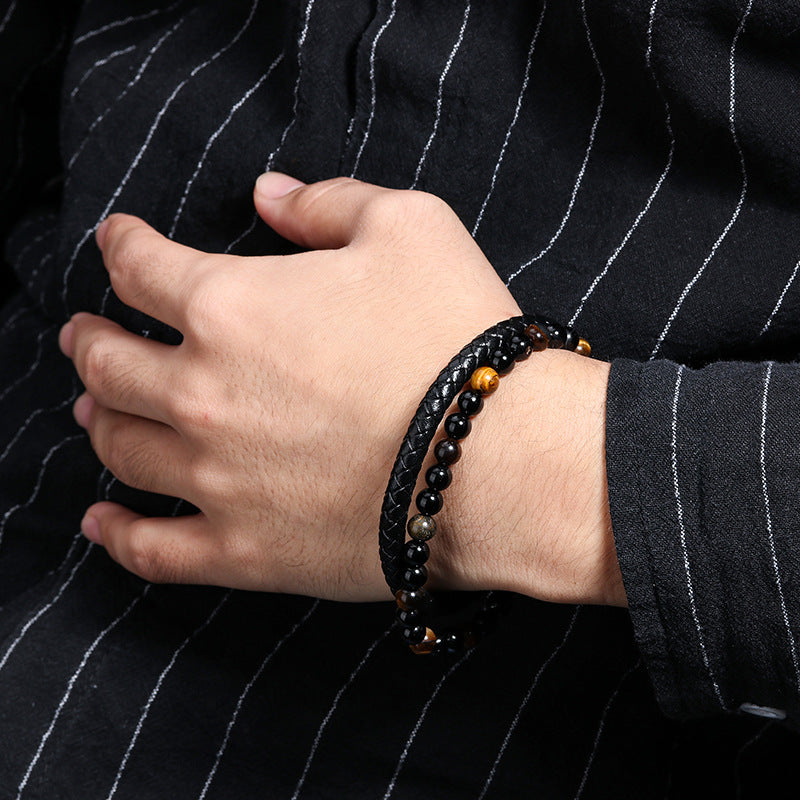 Wholesale Men S Chic Braided Leather Bracelet With Tiger Eye And Volcanic Stone Beads Magnetic Clasp Fashion Accessory For Boutique Resale
