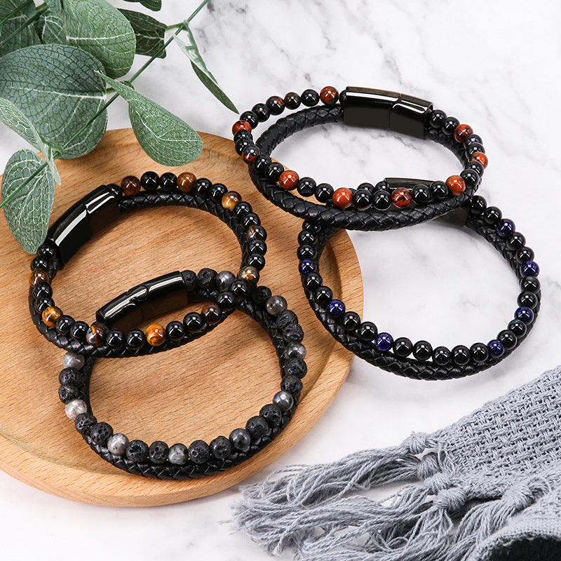 Wholesale Men S Chic Braided Leather Bracelet With Tiger Eye And Volcanic Stone Beads Magnetic Clasp Fashion Accessory For Boutique Resale