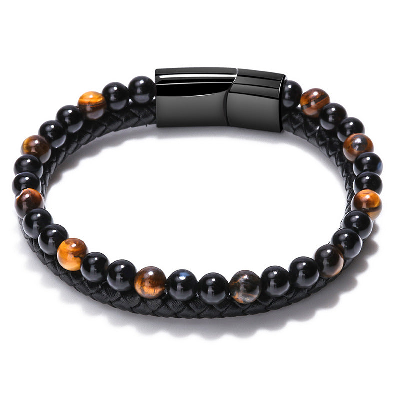 Wholesale Men S Chic Braided Leather Bracelet With Tiger Eye And Volcanic Stone Beads Magnetic Clasp Fashion Accessory For Boutique Resale