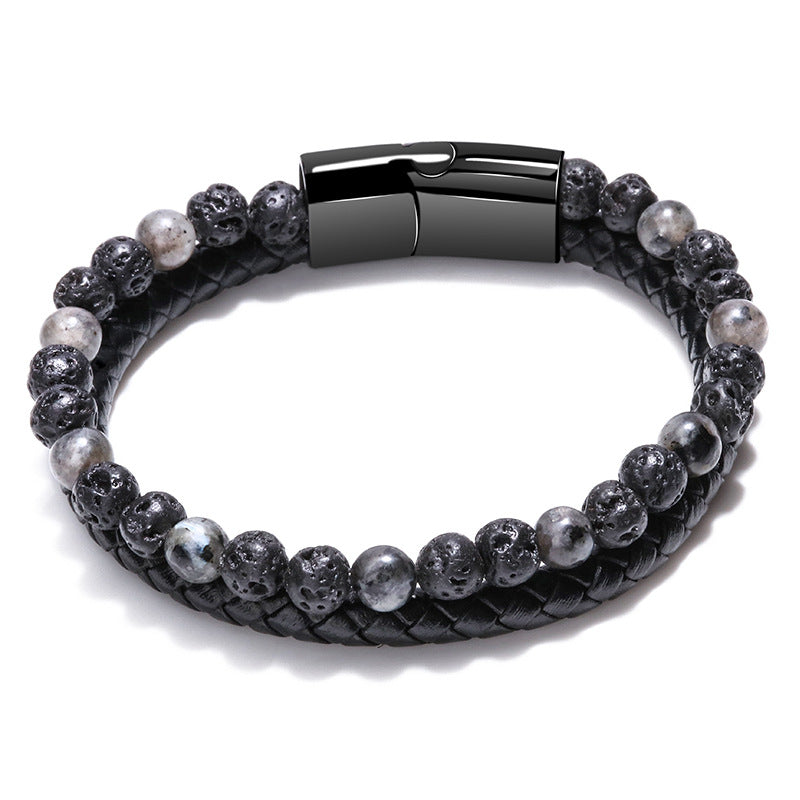 Wholesale Men S Chic Braided Leather Bracelet With Tiger Eye And Volcanic Stone Beads Magnetic Clasp Fashion Accessory For Boutique Resale
