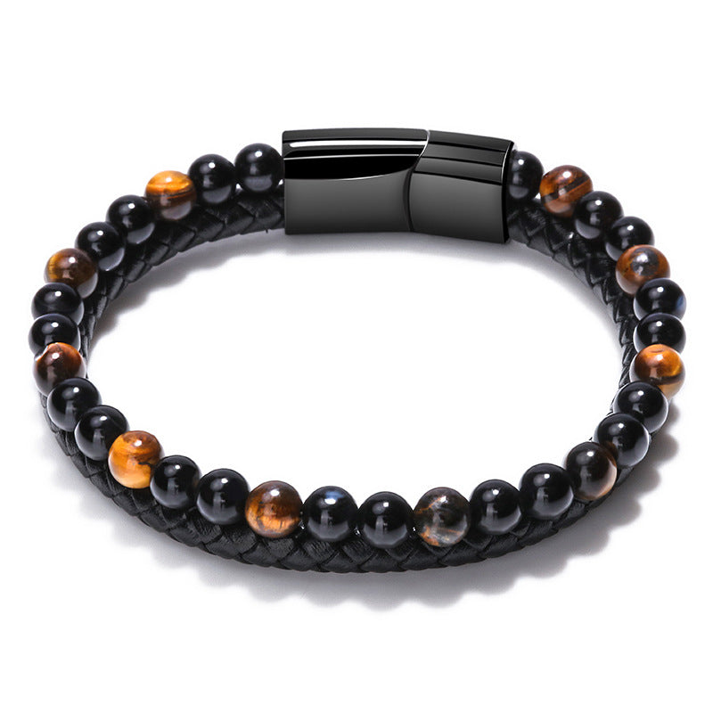 Wholesale Men S Chic Braided Leather Bracelet With Tiger Eye And Volcanic Stone Beads Magnetic Clasp Fashion Accessory For Boutique Resale