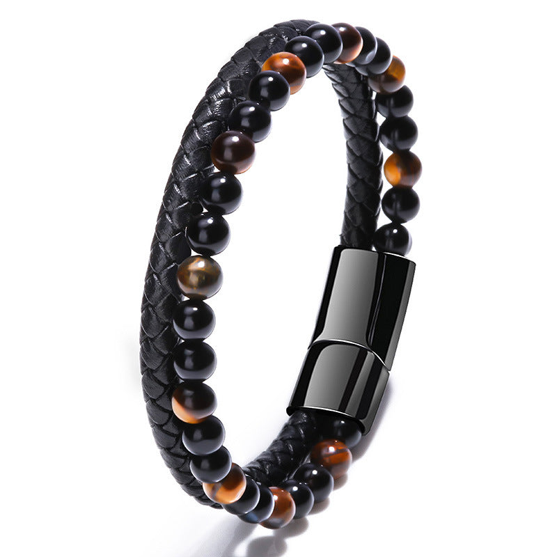 Wholesale Men S Chic Braided Leather Bracelet With Tiger Eye And Volcanic Stone Beads Magnetic Clasp Fashion Accessory For Boutique Resale