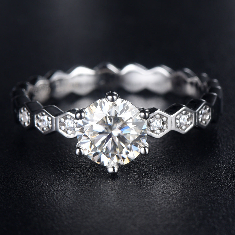 Wholesale Six-claw Honeycomb Mosan Diamond Ring 925 Sterling Silver D-grade 1 karat Moissanite Diamond Ring