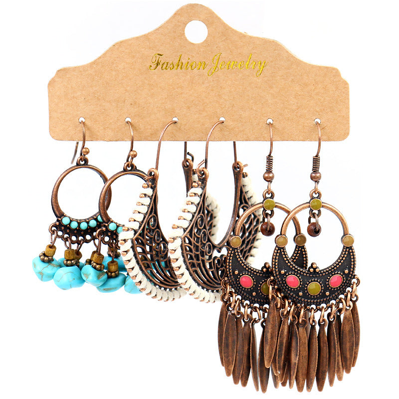 Wholesale Retro Ethnic Round Metal Tassel Earrings Set Fashion Accessory