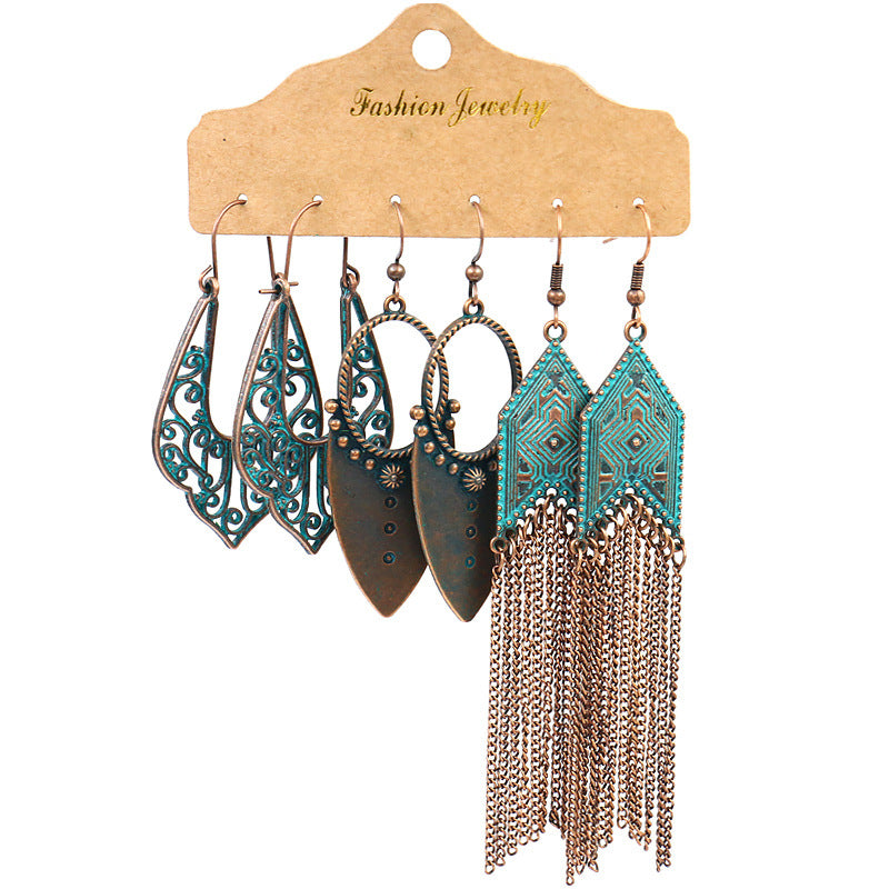 Wholesale Retro Ethnic Round Metal Tassel Earrings Set Fashion Accessory
