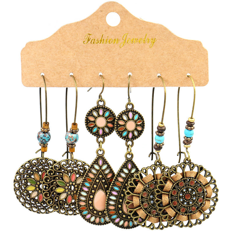 Wholesale Retro Ethnic Round Metal Tassel Earrings Set Fashion Accessory