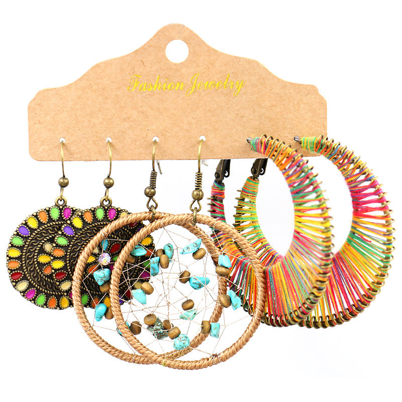 Wholesale Retro Ethnic Round Metal Tassel Earrings Set Fashion Accessory