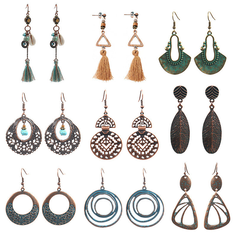 Wholesale Retro Ethnic Earrings Set Alloy Geometric Turquoise Tassel Trendy Party Accessory Gift