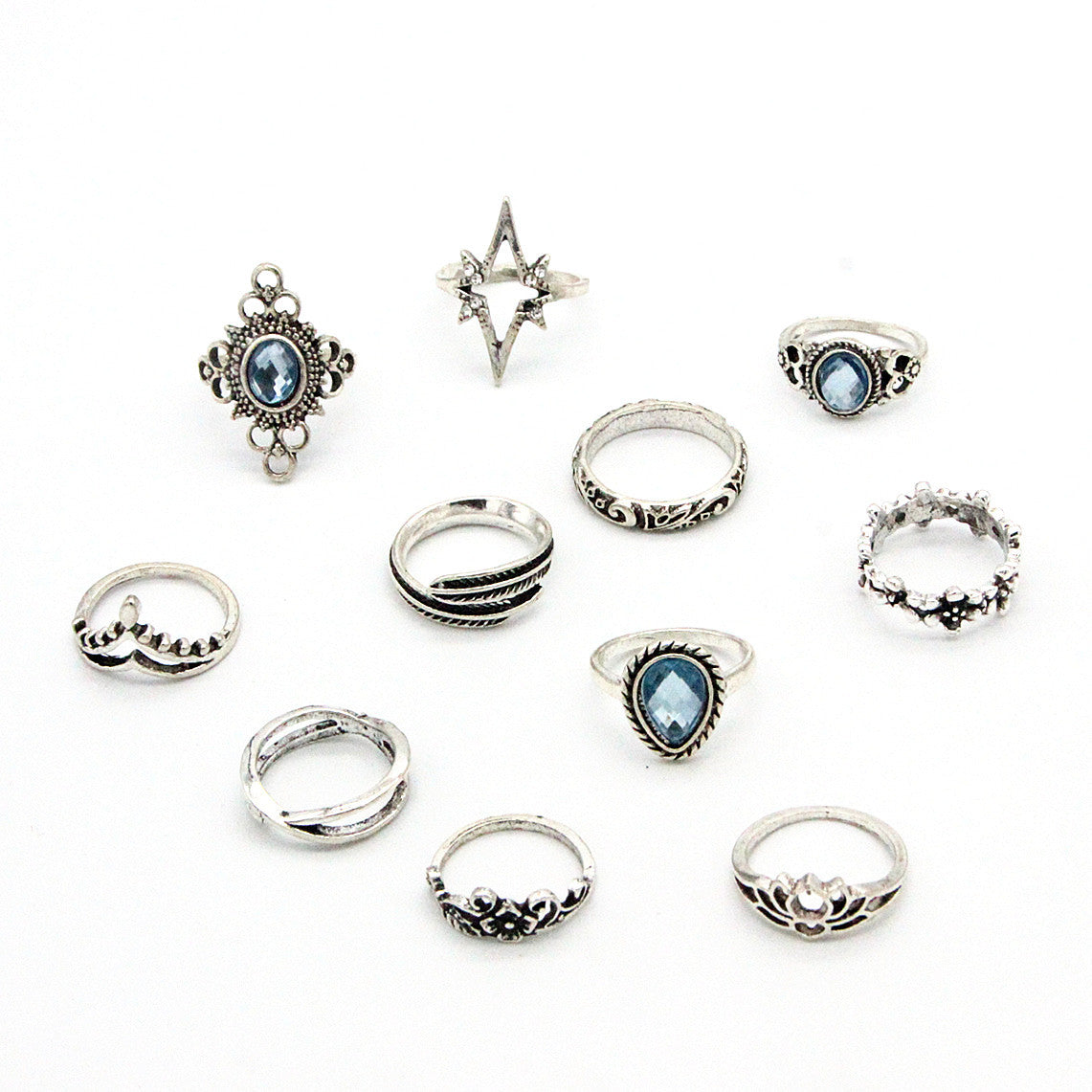 Wholesale retro carved feather diamond star gem leaf butterfly ring