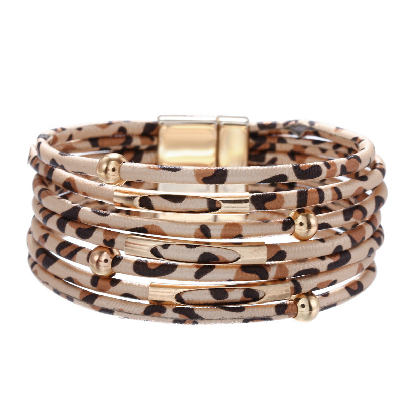 Wholesale Alloy Leopard Print Magnet Buckle Leather Bracelets Layered Bracelet Set ACC-BT-Zhany001