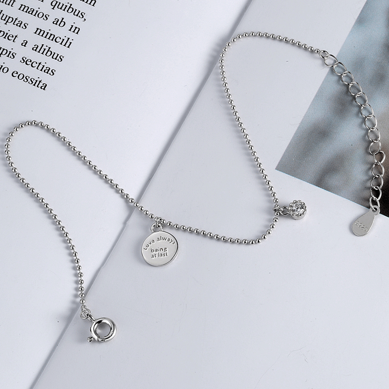 Wholesale  S925 Sterling Silver Anklet English Round Card Hangtag Zircon Round Bead Foot Jewelry