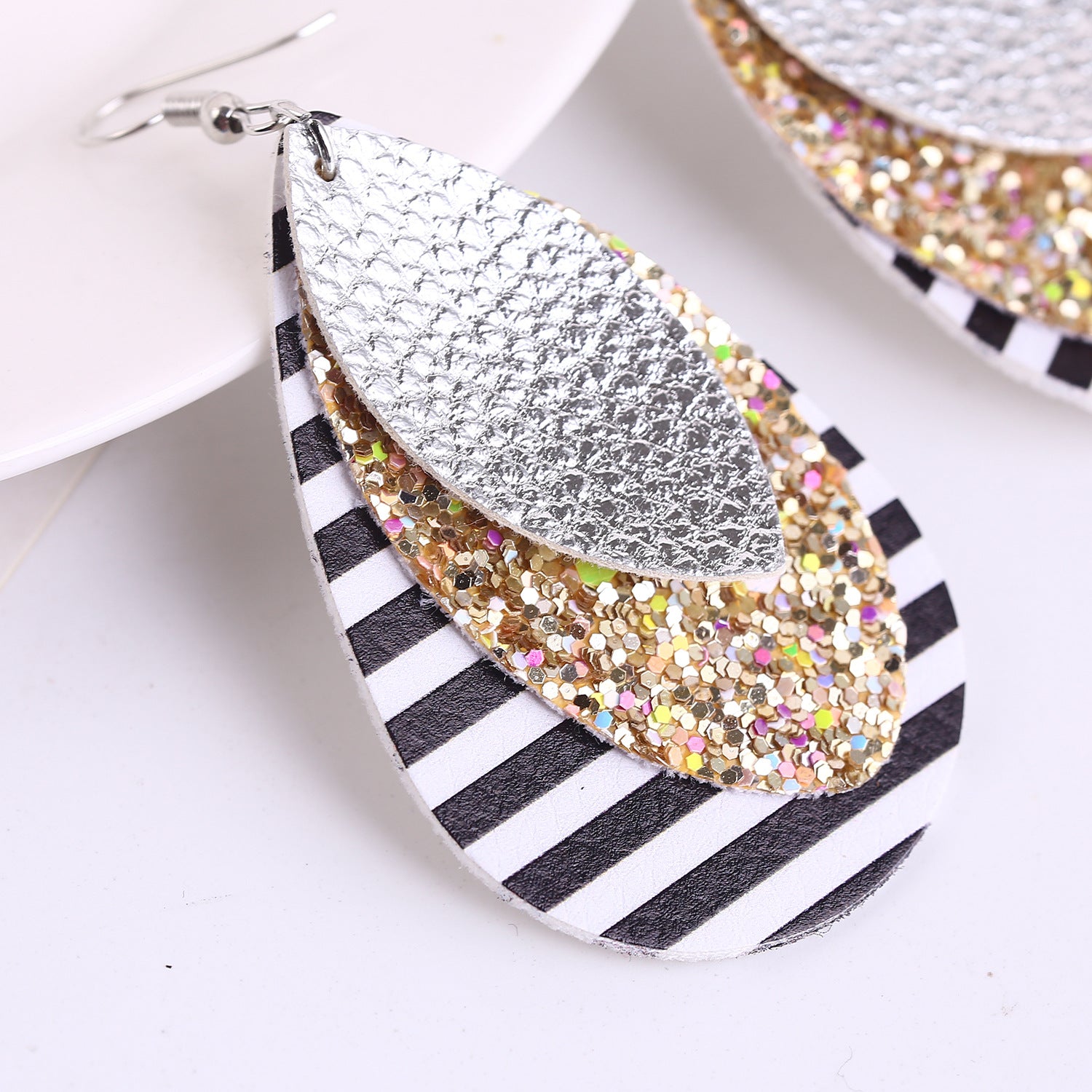 Wholesale  Double-layer Teardrop-shaped PU Leather Earrings suit American Flag Independence Day Earrings