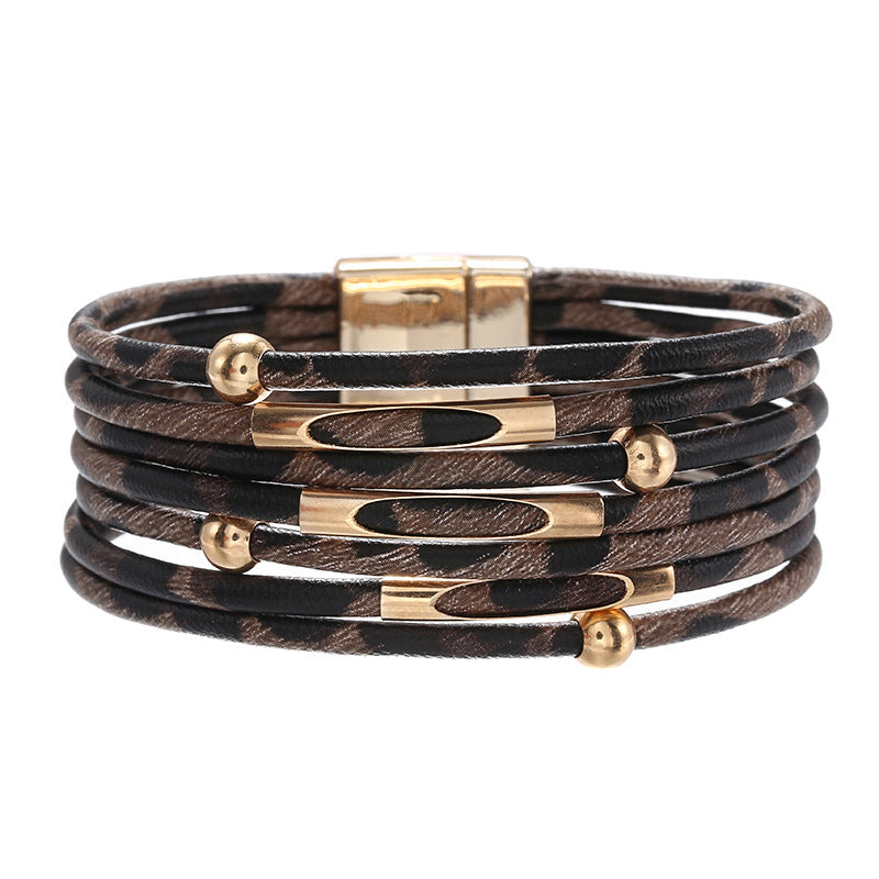 Wholesale Alloy Leopard Print Magnet Buckle Leather Bracelets Layered Bracelet Set ACC-BT-Zhany001