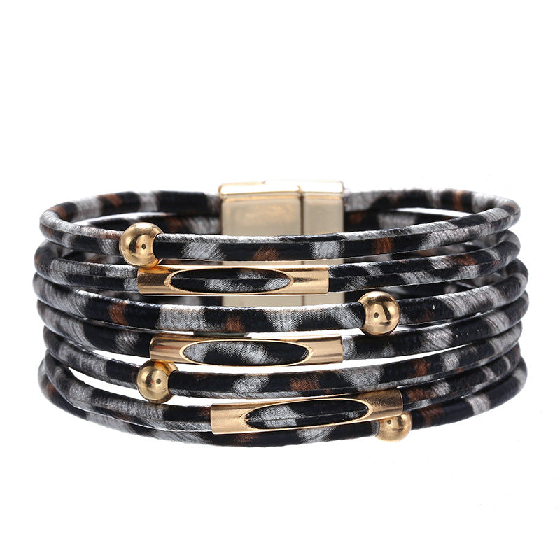 Wholesale Alloy Leopard Print Magnet Buckle Leather Bracelets Layered Bracelet Set ACC-BT-Zhany001