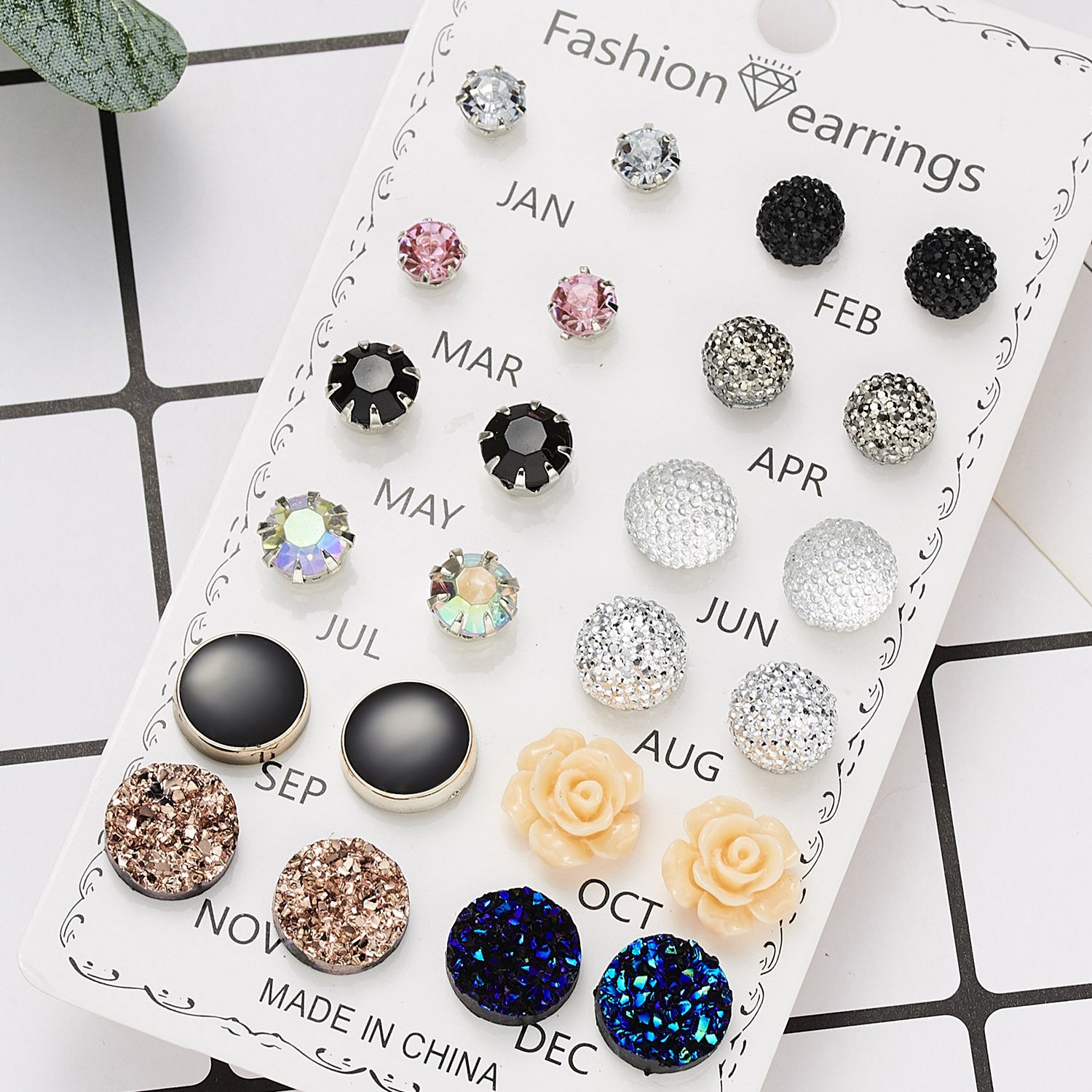 Wholesale 12pcs/set Mixed Color Round Rhinestone Crystal Flowers Earrings Set