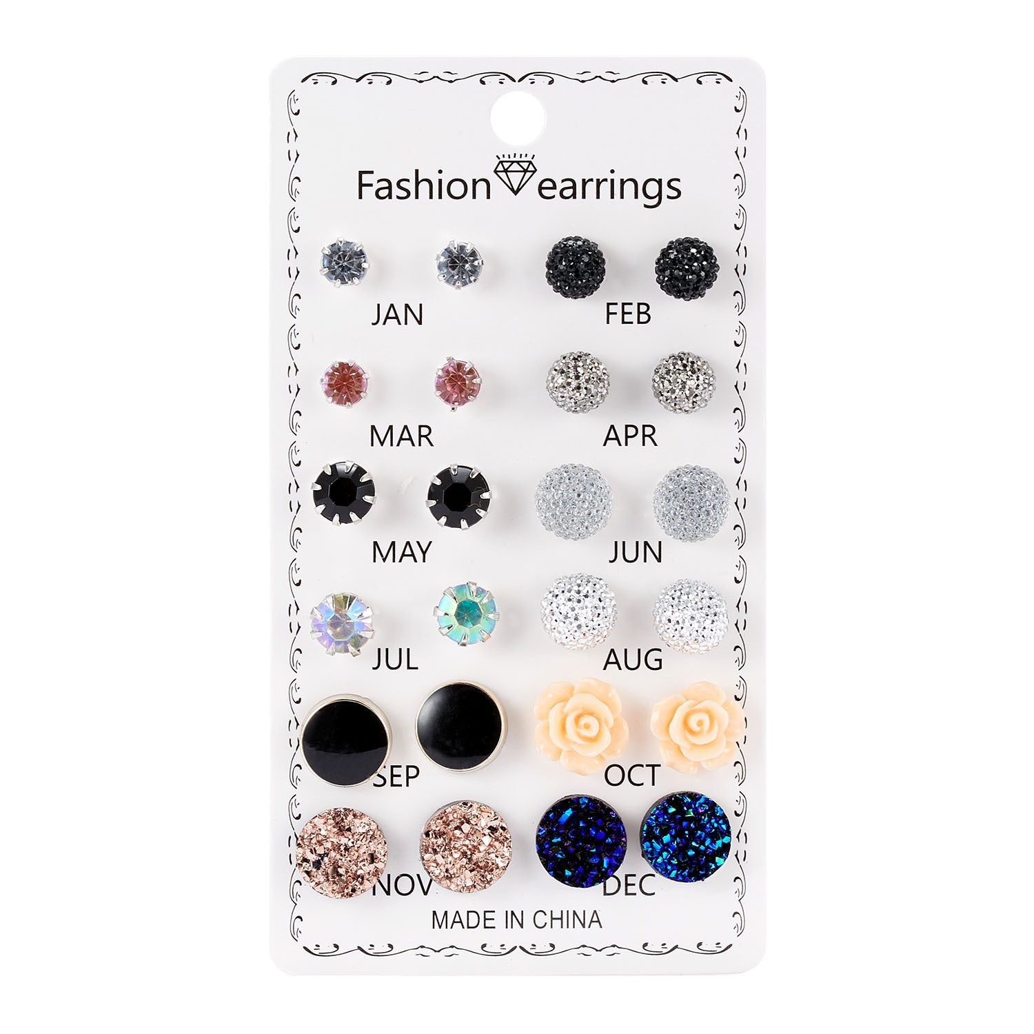 Wholesale 12pcs/set Mixed Color Round Rhinestone Crystal Flowers Earrings Set