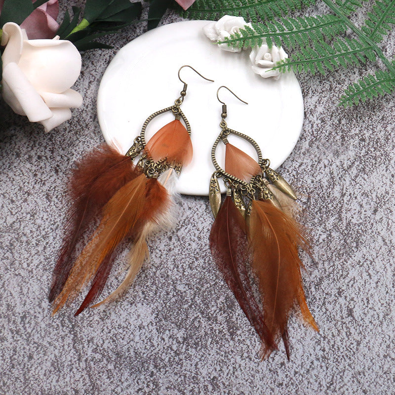 Wholesale Exotic Feather Long Earrings Boutique Party Jewelry Accessory