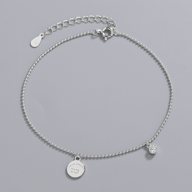 Wholesale  S925 Sterling Silver Anklet English Round Card Hangtag Zircon Round Bead Foot Jewelry