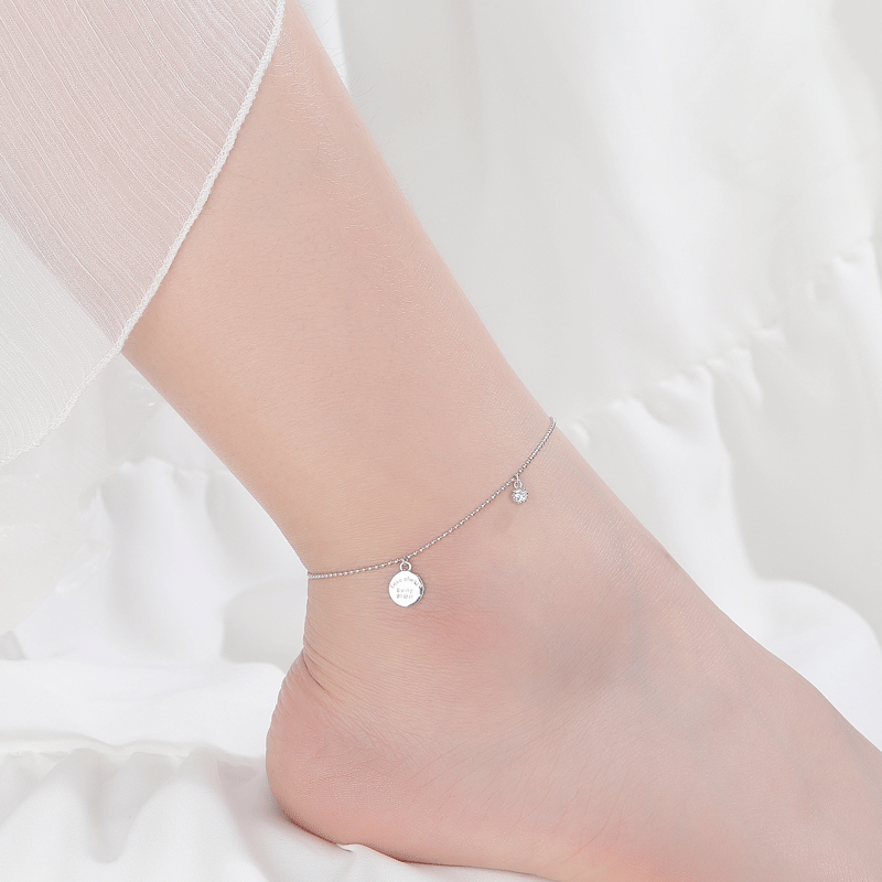 Wholesale  S925 Sterling Silver Anklet English Round Card Hangtag Zircon Round Bead Foot Jewelry