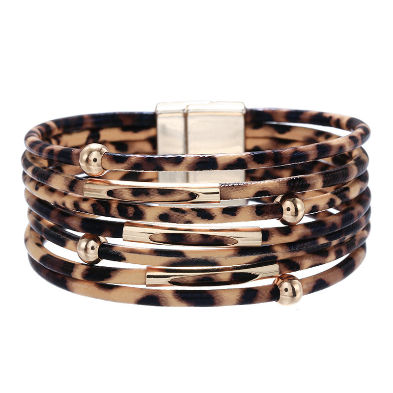 Wholesale Alloy Leopard Print Magnet Buckle Leather Bracelets Layered Bracelet Set ACC-BT-Zhany001