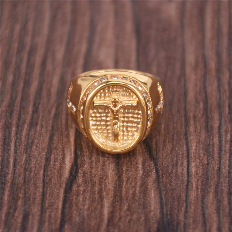 Wholesale head cross stainless steel diamond gold-plated ring