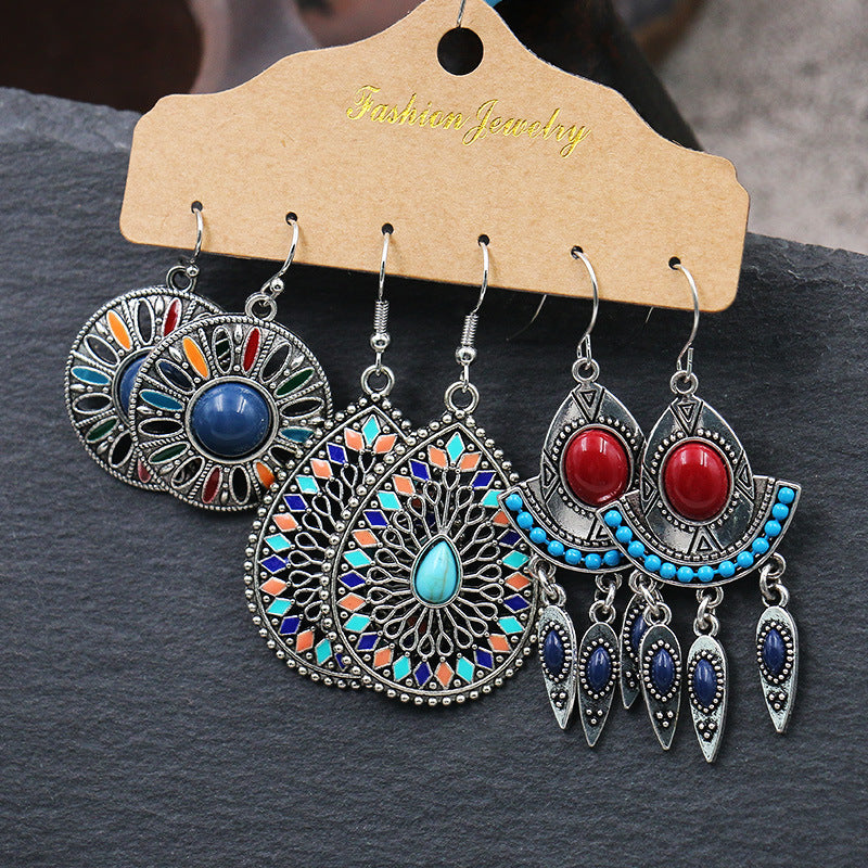 Wholesale Retro Oil Drop Earrings Set - Three-Piece Metal Fashion Accessory for Boutique Resale