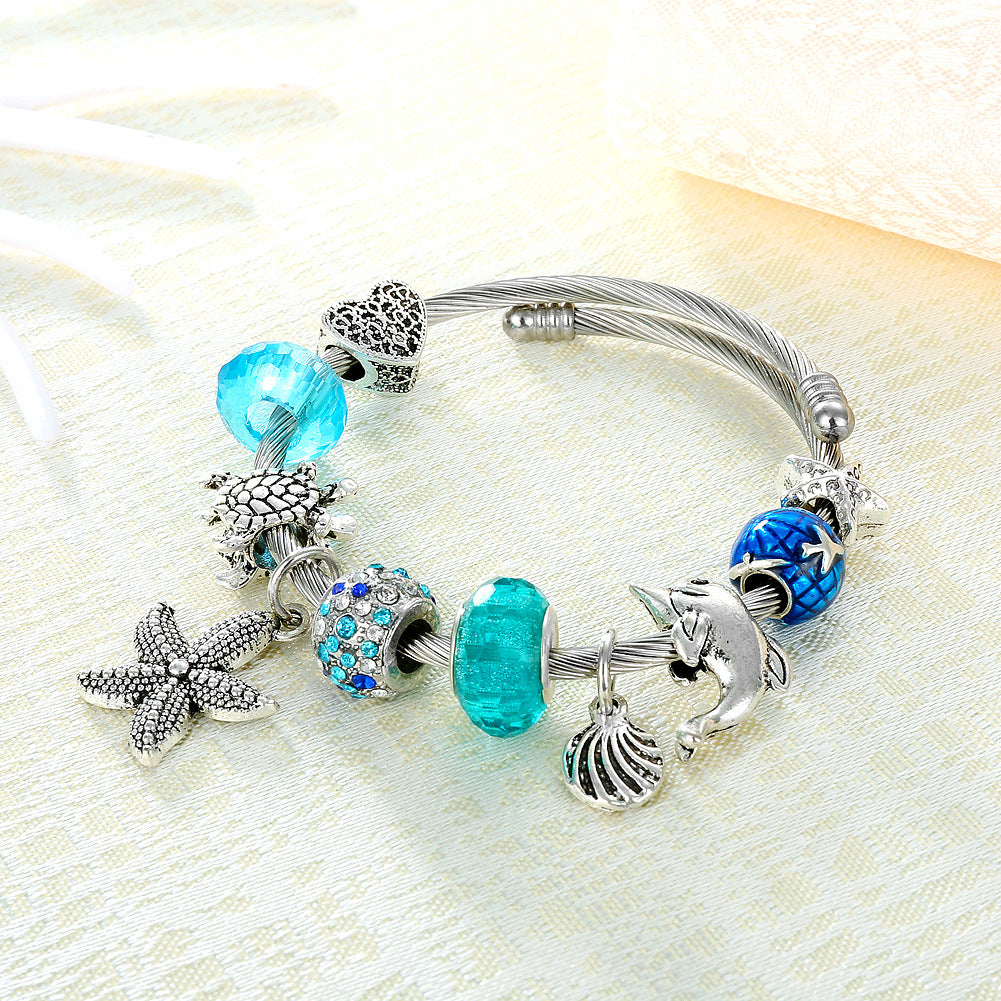 Wholesale Titanium Steel Starfish turtle bracelet blue crystal marine series