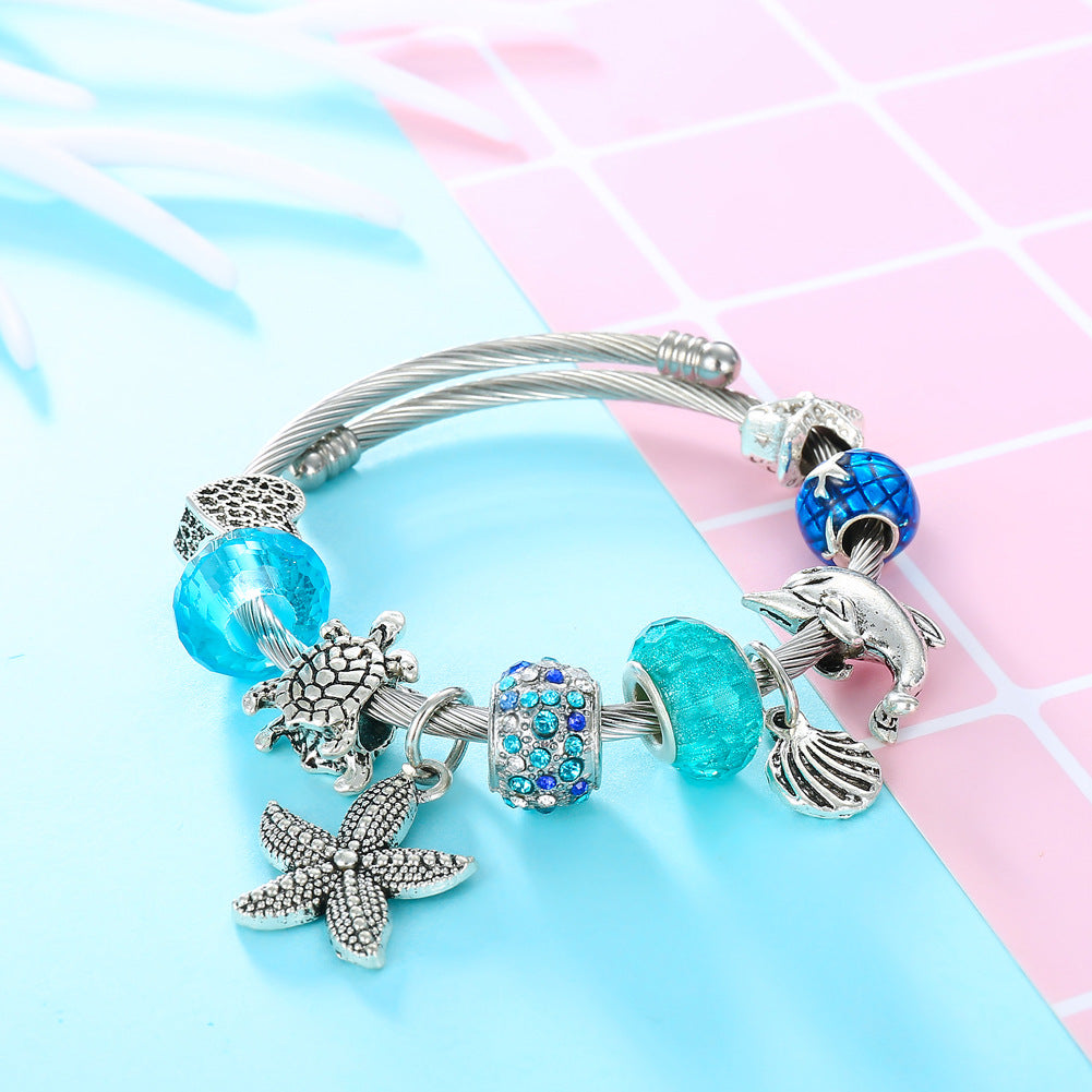 Wholesale Titanium Steel Starfish turtle bracelet blue crystal marine series