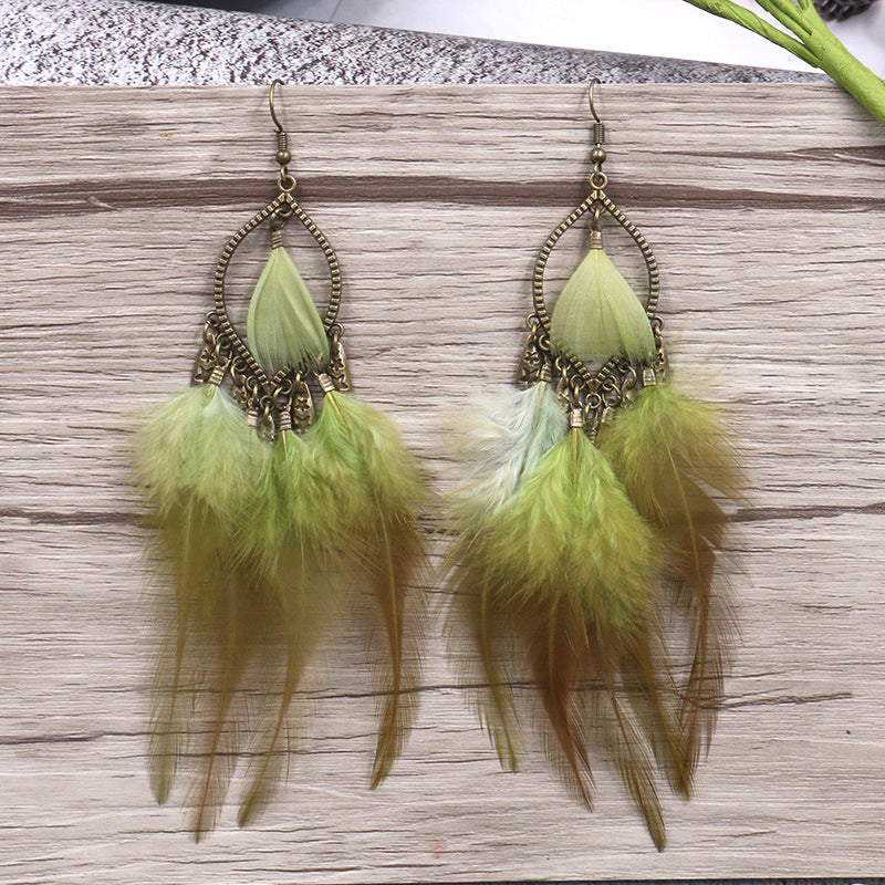 Wholesale Exotic Feather Long Earrings Boutique Party Jewelry Accessory