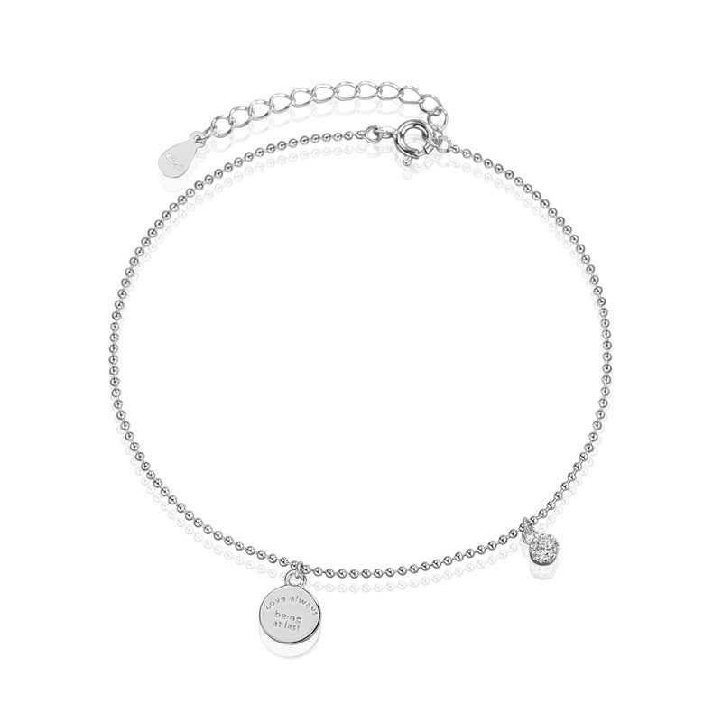 Wholesale  S925 Sterling Silver Anklet English Round Card Hangtag Zircon Round Bead Foot Jewelry