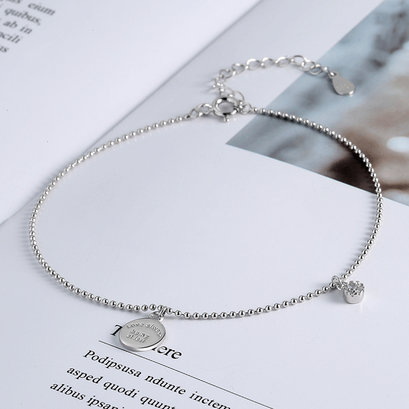 Wholesale  S925 Sterling Silver Anklet English Round Card Hangtag Zircon Round Bead Foot Jewelry
