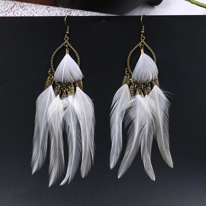 Wholesale Exotic Feather Long Earrings Boutique Party Jewelry Accessory